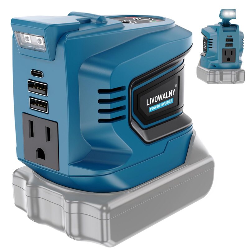 200 W Power Inverter for DEWALT 20 V Batteries – DC 20 V → AC 110 V Pure Sine Wave, Portable Battery-Powered Generator with 1 AC Outlet, 2 USB-A, 1 USB-C & 200 LM LED Work Light - Image 5