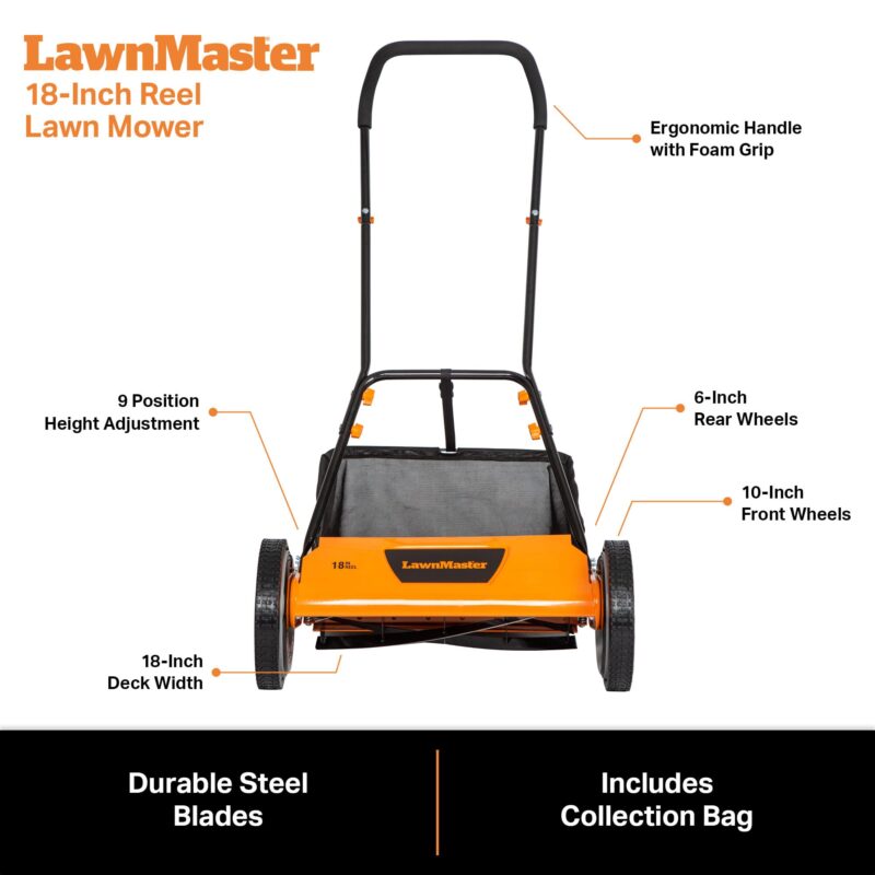 LawnMaster 16″ (40.6 cm) 5-Blade Manual Reel Lawn Mower – 4-Position Height, 22 lb (10 kg) - Image 14