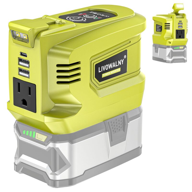 200 W Power Inverter for DEWALT 20 V Batteries – DC 20 V → AC 110 V Pure Sine Wave, Portable Battery-Powered Generator with 1 AC Outlet, 2 USB-A, 1 USB-C & 200 LM LED Work Light - Image 6