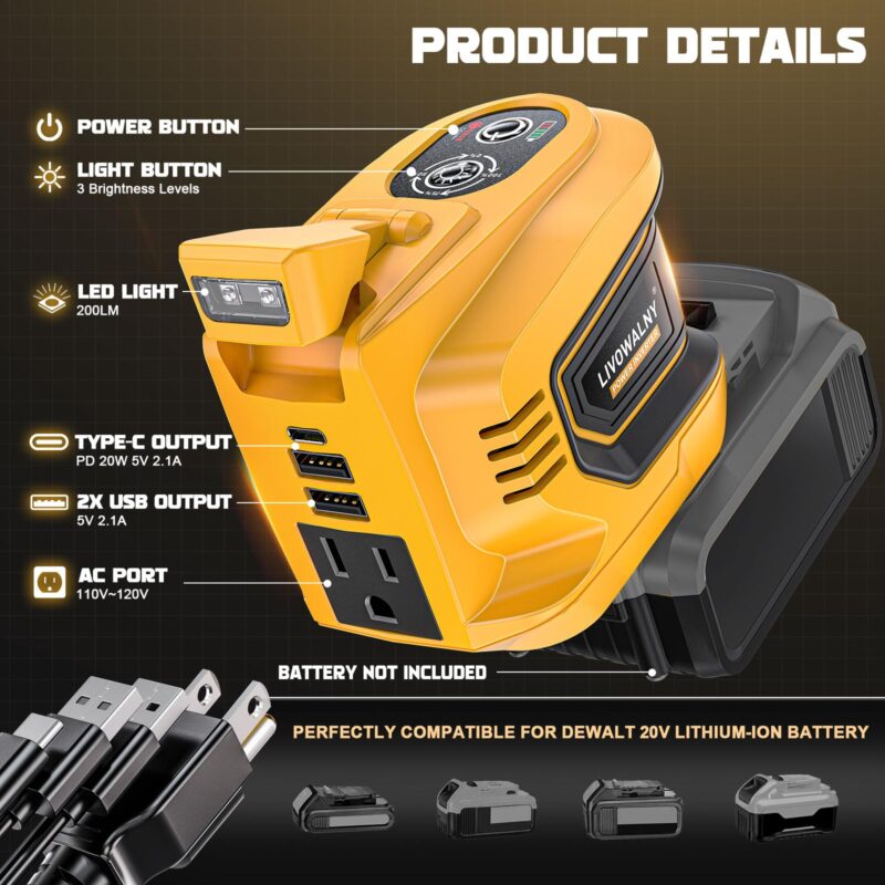 200 W Power Inverter for DEWALT 20 V Batteries – DC 20 V → AC 110 V Pure Sine Wave, Portable Battery-Powered Generator with 1 AC Outlet, 2 USB-A, 1 USB-C & 200 LM LED Work Light - Image 29