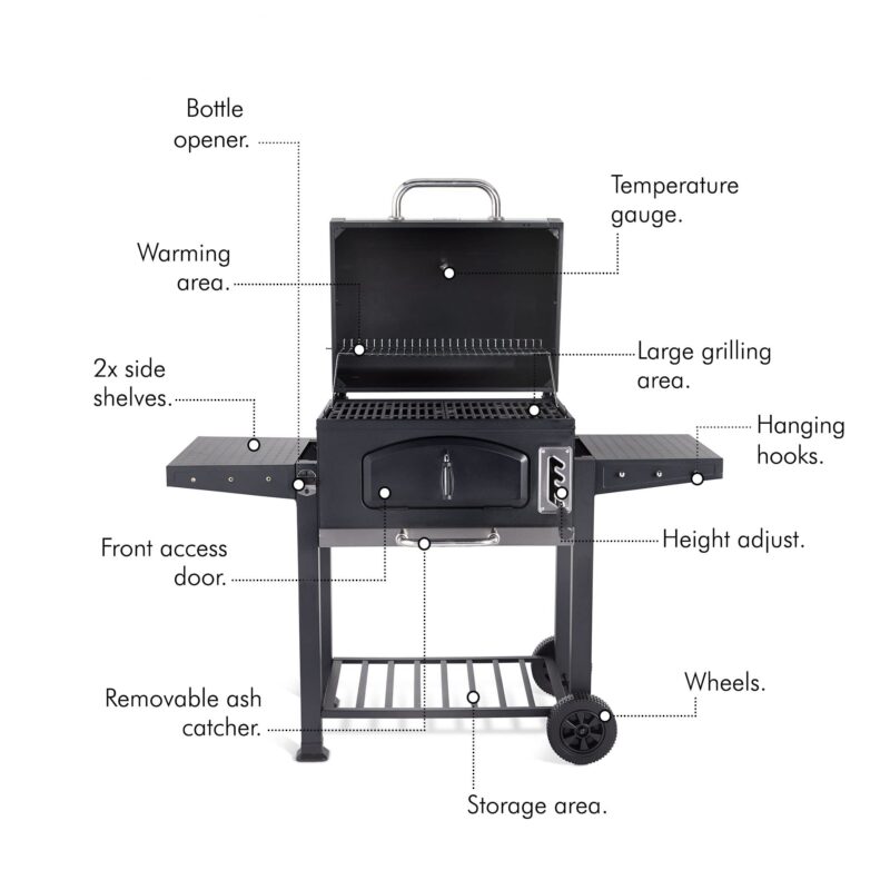 VonHaus XL Charcoal BBQ Grill & Smoker – Portable Barbecue with Warming Rack, Side Shelves, Wheels, Temperature Gauge – Outdoor Cooking for Meat, Fish & Veg - Image 10