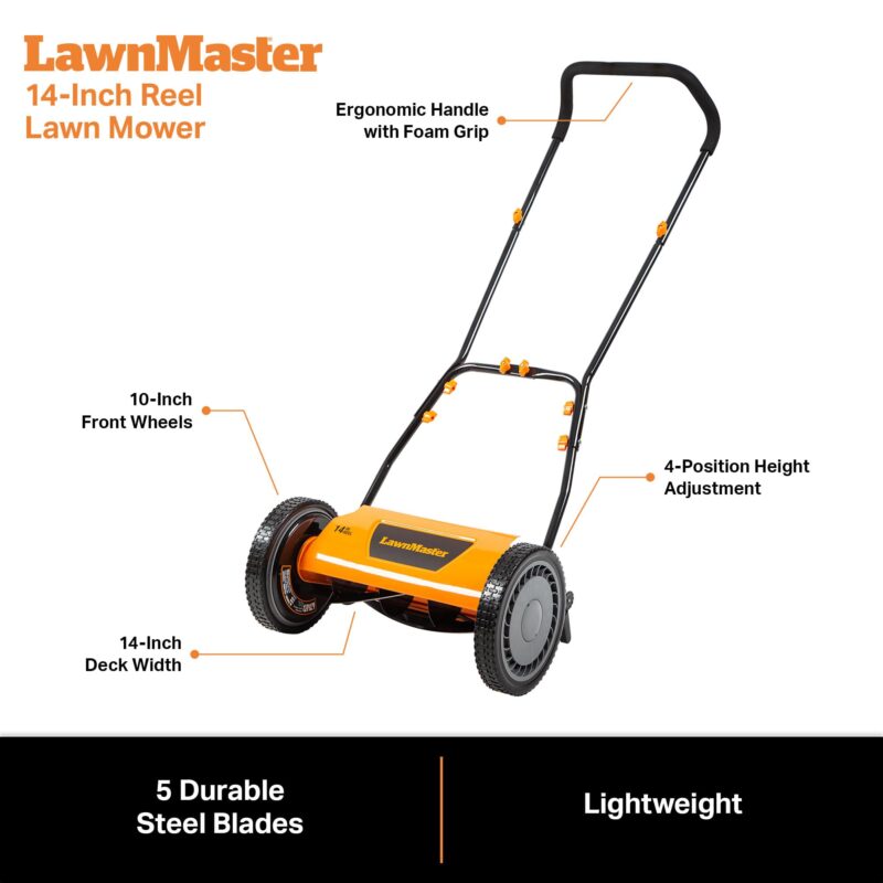 LawnMaster 16″ (40.6 cm) 5-Blade Manual Reel Lawn Mower – 4-Position Height, 22 lb (10 kg) - Image 8