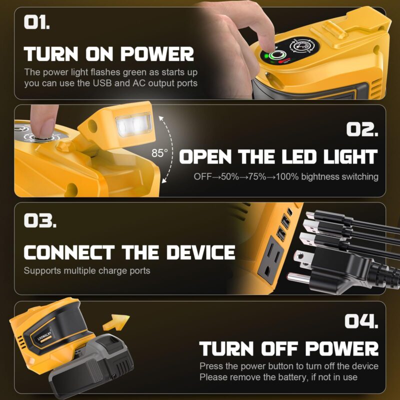 200 W Power Inverter for DEWALT 20 V Batteries – DC 20 V → AC 110 V Pure Sine Wave, Portable Battery-Powered Generator with 1 AC Outlet, 2 USB-A, 1 USB-C & 200 LM LED Work Light - Image 32