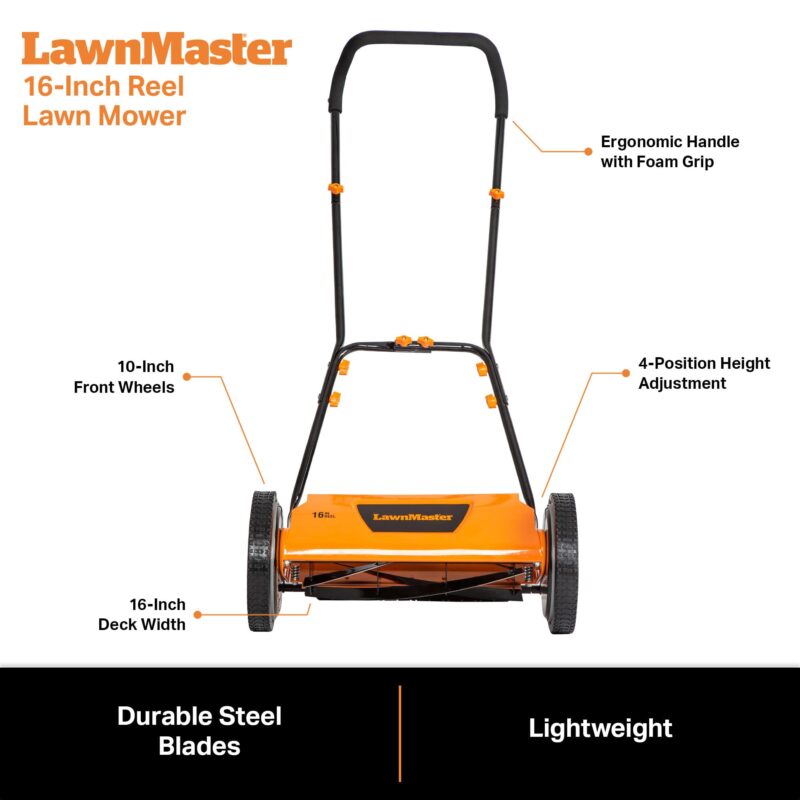 LawnMaster 16″ (40.6 cm) 5-Blade Manual Reel Lawn Mower – 4-Position Height, 22 lb (10 kg) - Image 19