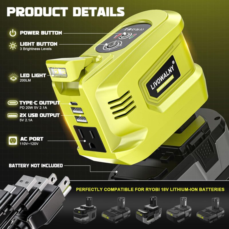 200 W Power Inverter for DEWALT 20 V Batteries – DC 20 V → AC 110 V Pure Sine Wave, Portable Battery-Powered Generator with 1 AC Outlet, 2 USB-A, 1 USB-C & 200 LM LED Work Light - Image 41