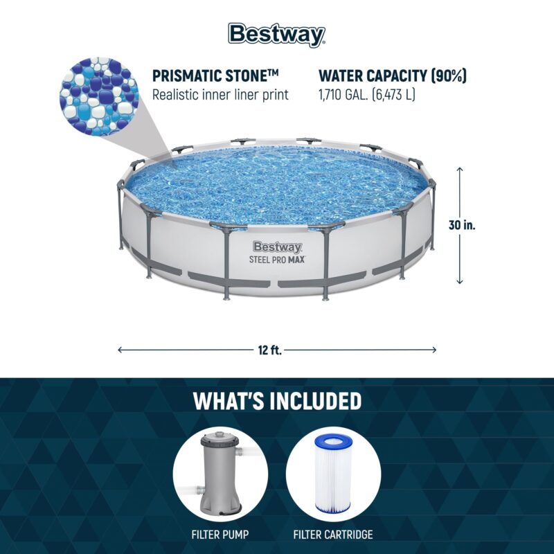 Bestway Steel Pro MAX 12ft (3.66m) x 30in (76cm) Round Above Ground Swimming Pool Set with Filter Pump – 6,473L Capacity – Durable Metal Frame Family Outdoor Pool – Gray - Image 19