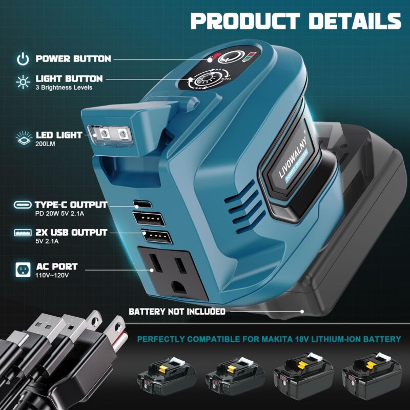 200 W Power Inverter for DEWALT 20 V Batteries – DC 20 V → AC 110 V Pure Sine Wave, Portable Battery-Powered Generator with 1 AC Outlet, 2 USB-A, 1 USB-C & 200 LM LED Work Light - Image 35