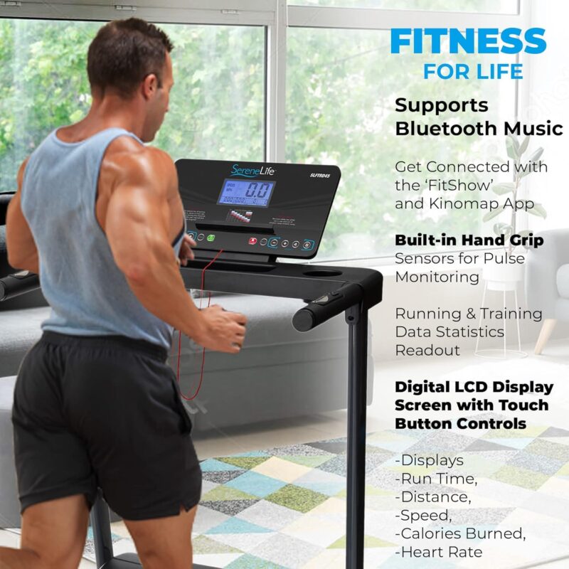 SereneLife SLFTRD18 Folding Treadmill – 0.6–6 MPH, 4-Level Manual Incline, Bluetooth App Sync, 39.3″×15.7″ Belt, Compact Digital Trainer - Image 17