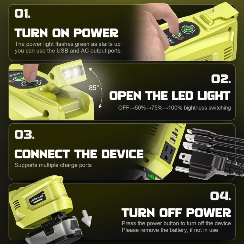 200 W Power Inverter for DEWALT 20 V Batteries – DC 20 V → AC 110 V Pure Sine Wave, Portable Battery-Powered Generator with 1 AC Outlet, 2 USB-A, 1 USB-C & 200 LM LED Work Light - Image 44