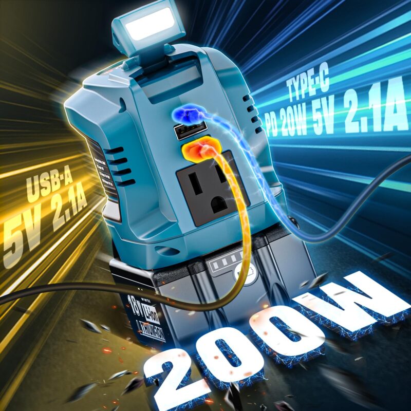 200 W Power Inverter for DEWALT 20 V Batteries – DC 20 V → AC 110 V Pure Sine Wave, Portable Battery-Powered Generator with 1 AC Outlet, 2 USB-A, 1 USB-C & 200 LM LED Work Light - Image 25