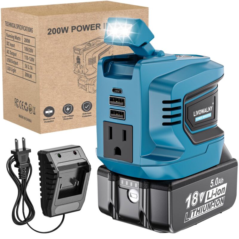 200 W Power Inverter for DEWALT 20 V Batteries – DC 20 V → AC 110 V Pure Sine Wave, Portable Battery-Powered Generator with 1 AC Outlet, 2 USB-A, 1 USB-C & 200 LM LED Work Light - Image 3