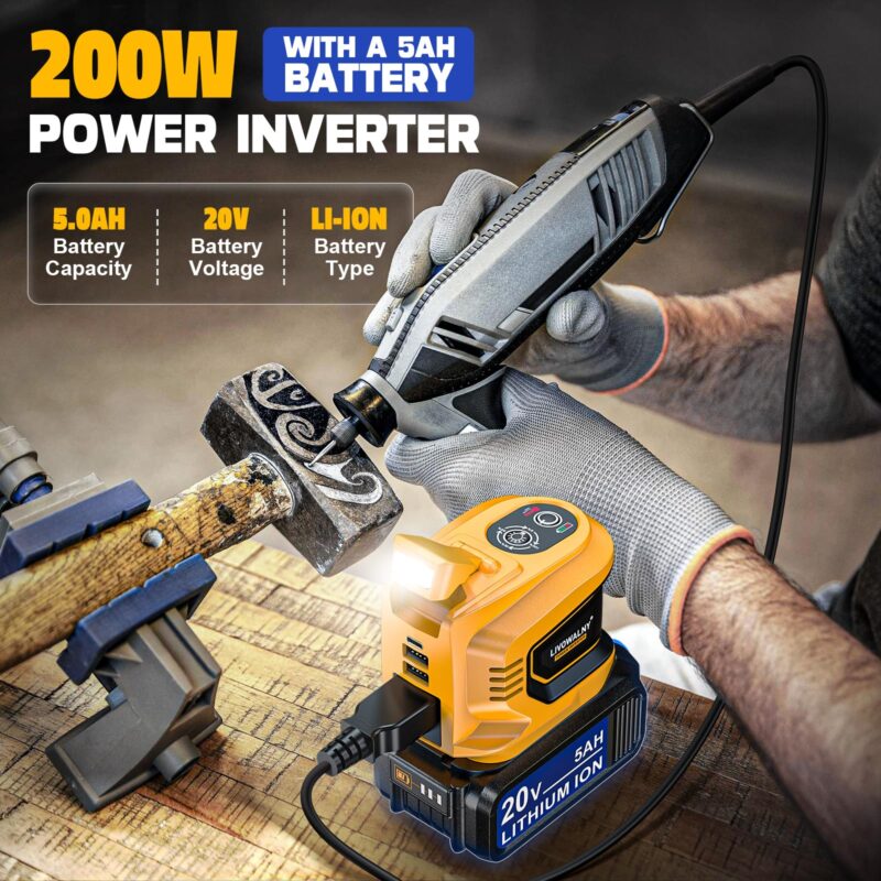 200 W Power Inverter for DEWALT 20 V Batteries – DC 20 V → AC 110 V Pure Sine Wave, Portable Battery-Powered Generator with 1 AC Outlet, 2 USB-A, 1 USB-C & 200 LM LED Work Light - Image 14