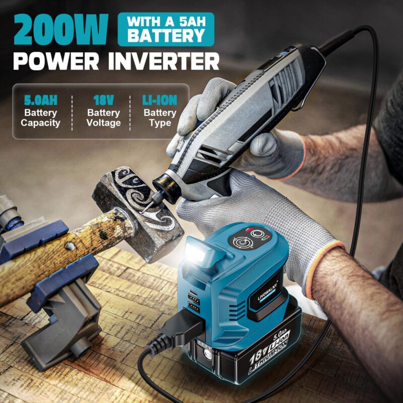 200 W Power Inverter for DEWALT 20 V Batteries – DC 20 V → AC 110 V Pure Sine Wave, Portable Battery-Powered Generator with 1 AC Outlet, 2 USB-A, 1 USB-C & 200 LM LED Work Light - Image 22
