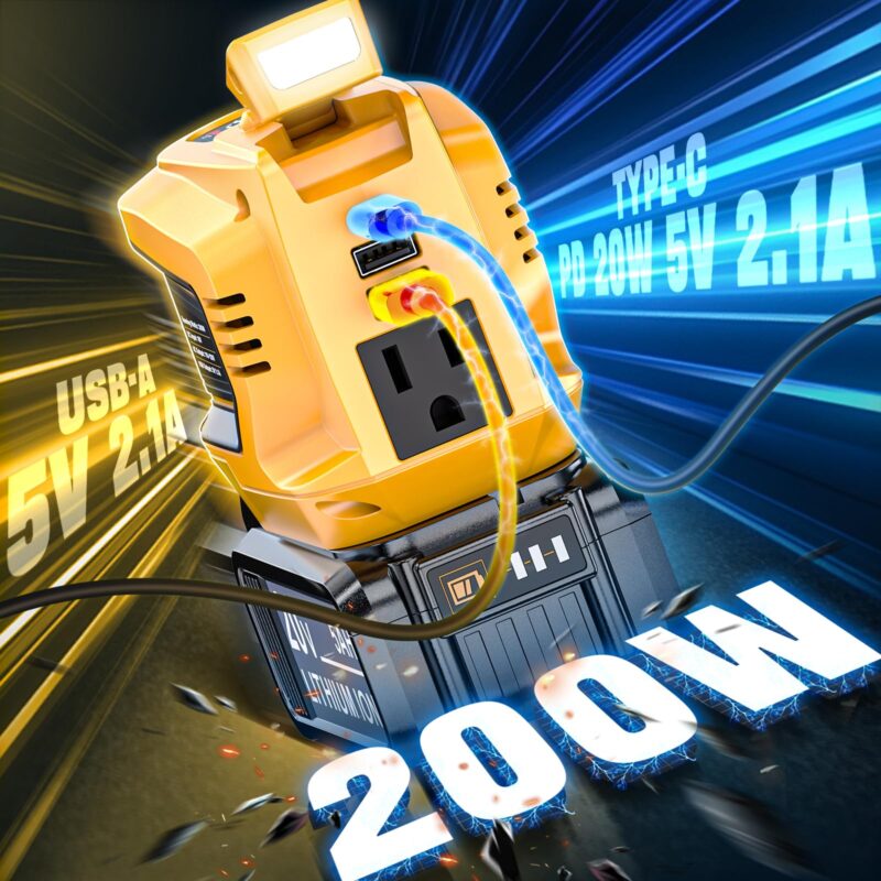 200 W Power Inverter for DEWALT 20 V Batteries – DC 20 V → AC 110 V Pure Sine Wave, Portable Battery-Powered Generator with 1 AC Outlet, 2 USB-A, 1 USB-C & 200 LM LED Work Light - Image 17