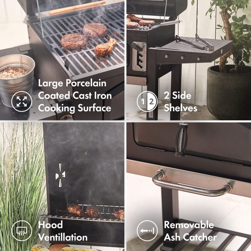 VonHaus XL Charcoal BBQ Grill & Smoker – Portable Barbecue with Warming Rack, Side Shelves, Wheels, Temperature Gauge – Outdoor Cooking for Meat, Fish & Veg - Image 6